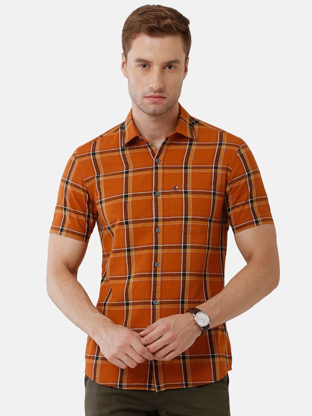 

CAVALLO by Linen Club Men Camel Brown Tartan Checked Linen Cotton Casual Shirt