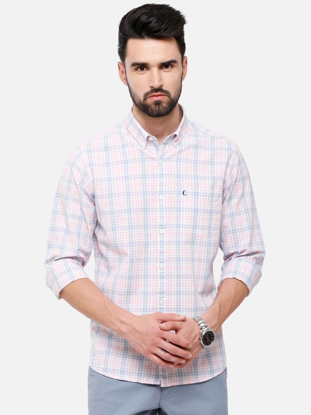 

CAVALLO by Linen Club Men Pink & Blue Tartan Checked Regular Fit Linen Cotton Casual Shirt