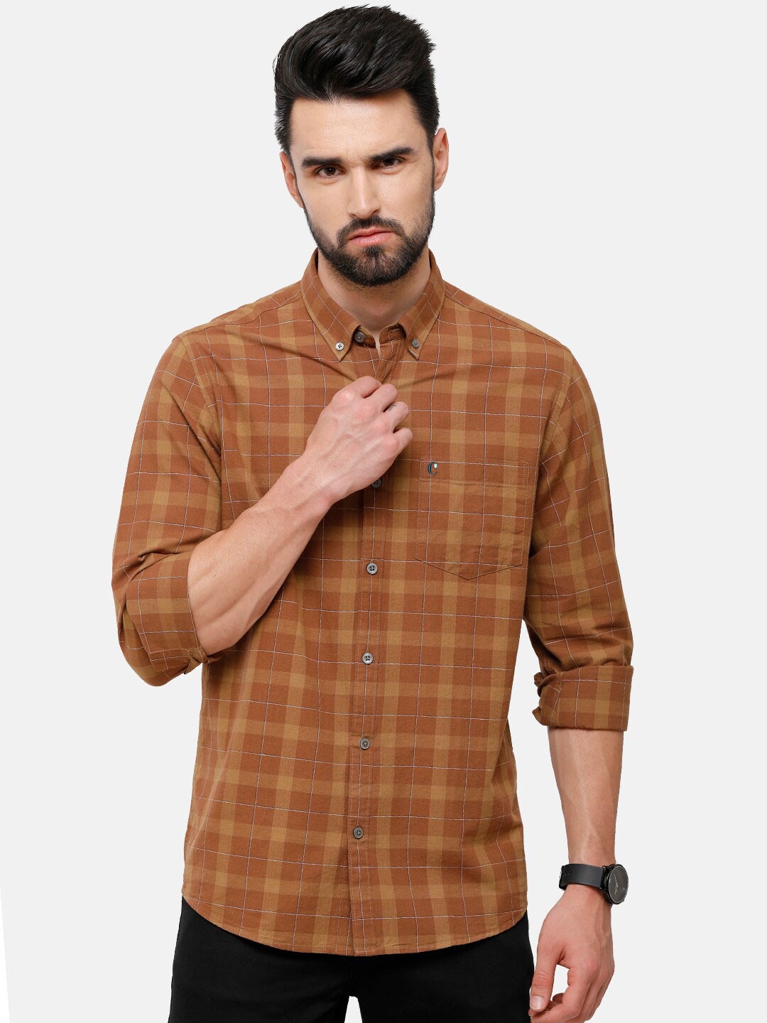 

CAVALLO by Linen Club Men Brown Tartan Checks Checked Casual Shirt