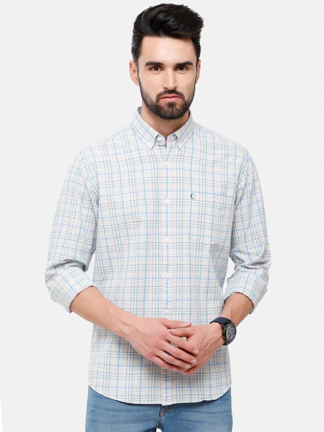 

CAVALLO by Linen Club Men Blue Regular Checked Linen Cotton Casual Shirt