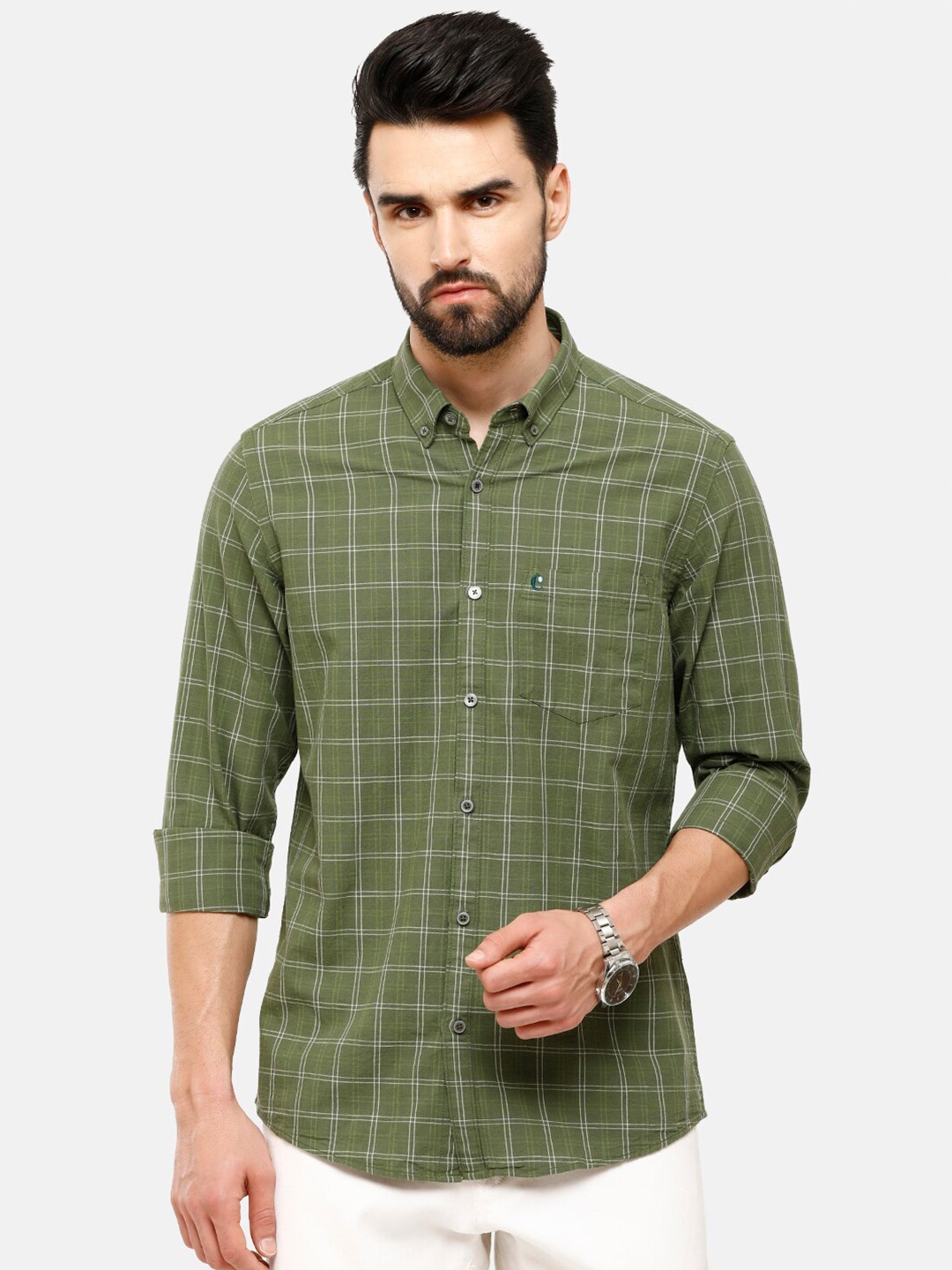 

CAVALLO by Linen Club Men Green Windowpane Checked Linen Cotton Casual Shirt