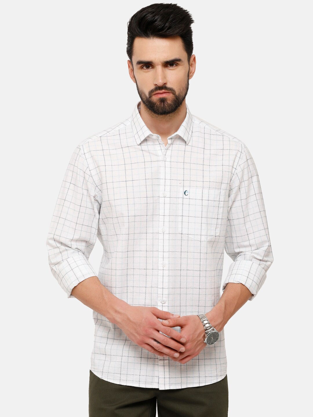 

CAVALLO by Linen Club Men Blue & White Checked Linen Cotton Casual Shirt