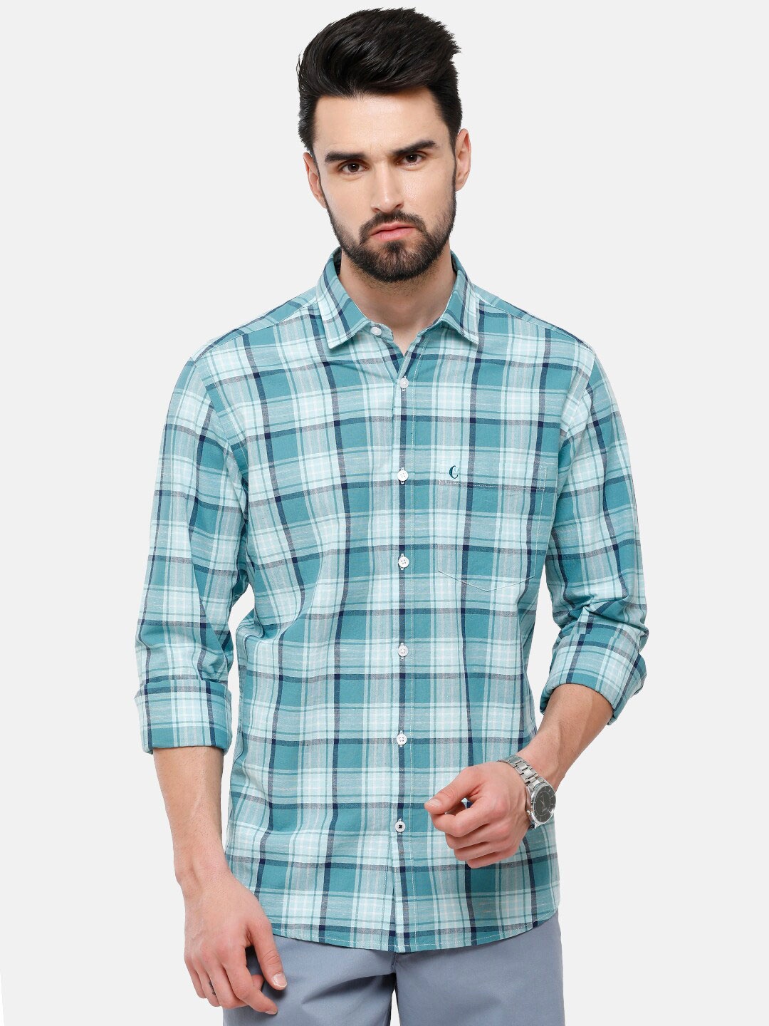 

CAVALLO by Linen Club Men Turquoise Blue Tartan Checks Checked Casual Shirt