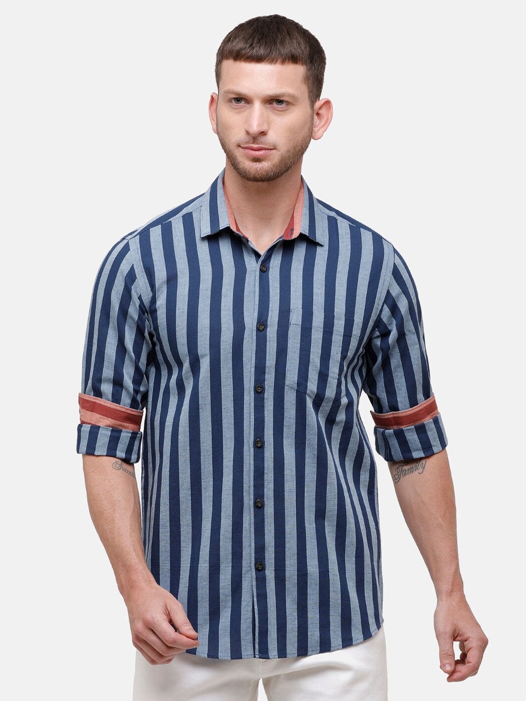 

CAVALLO by Linen Club Men Blue & Grey Striped Linen Cotton Casual Shirt