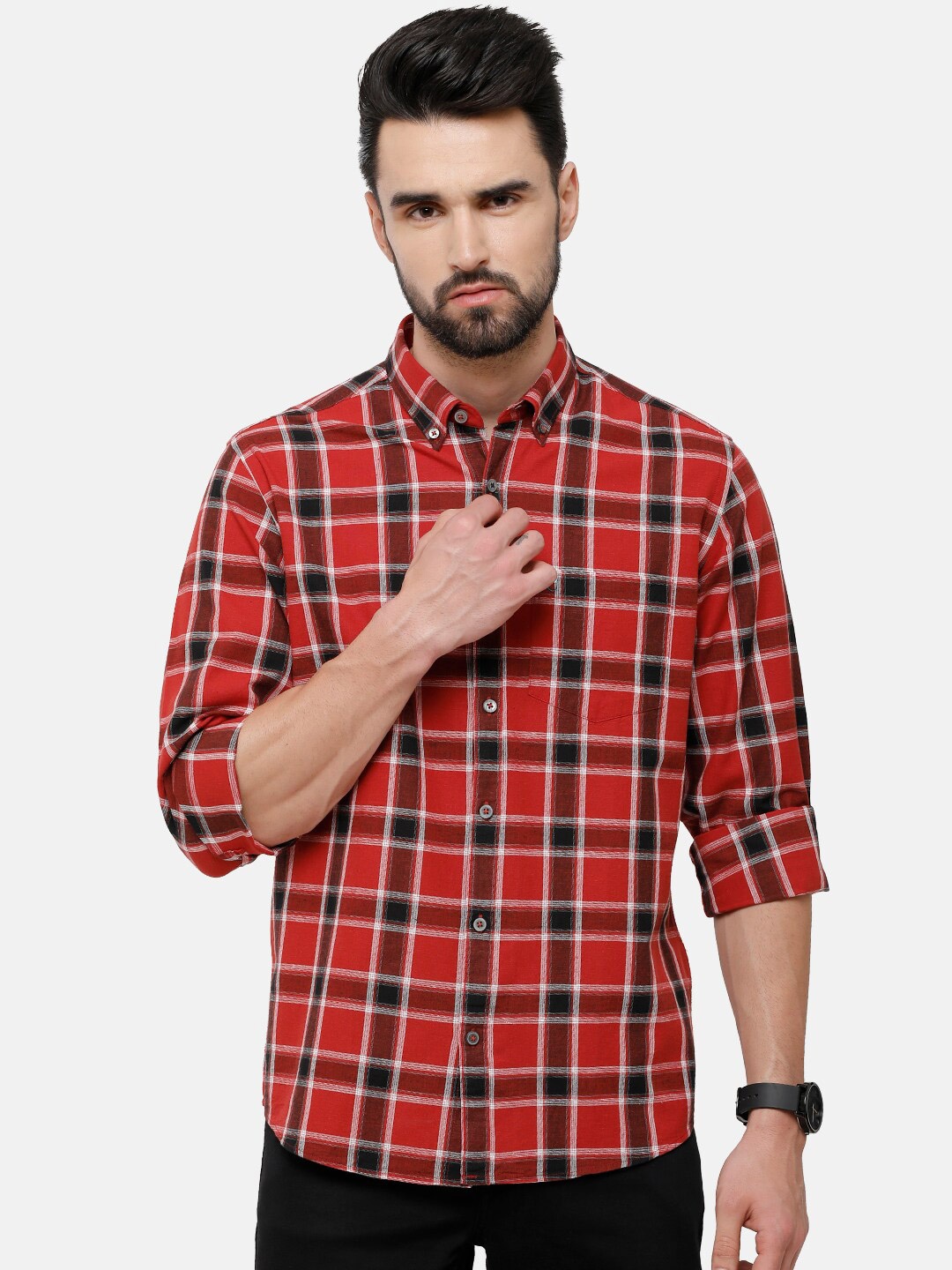 

CAVALLO by Linen Club Men Red Tartan Checked Cotton-Linen Casual Shirt