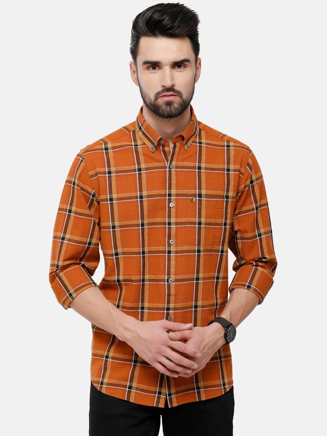 

CAVALLO by Linen Club Men Orange Checked Cotton-Linen Casual Shirt
