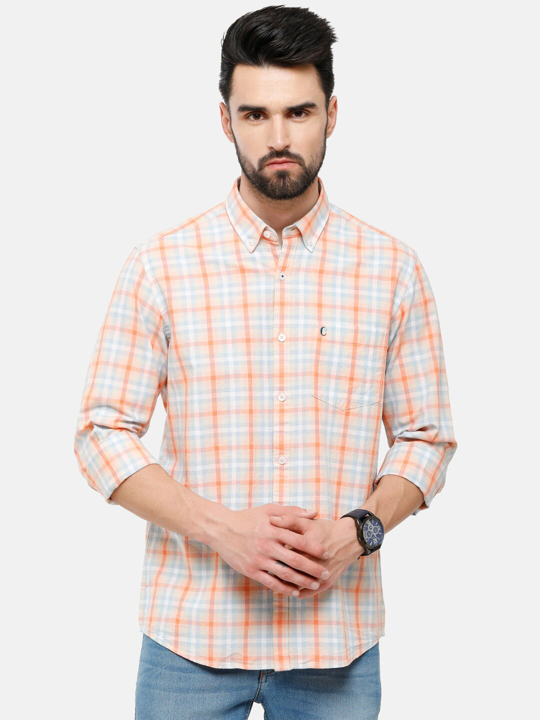 

CAVALLO by Linen Club Men Orange Tartan Checked Linen Cotton Casual Shirt