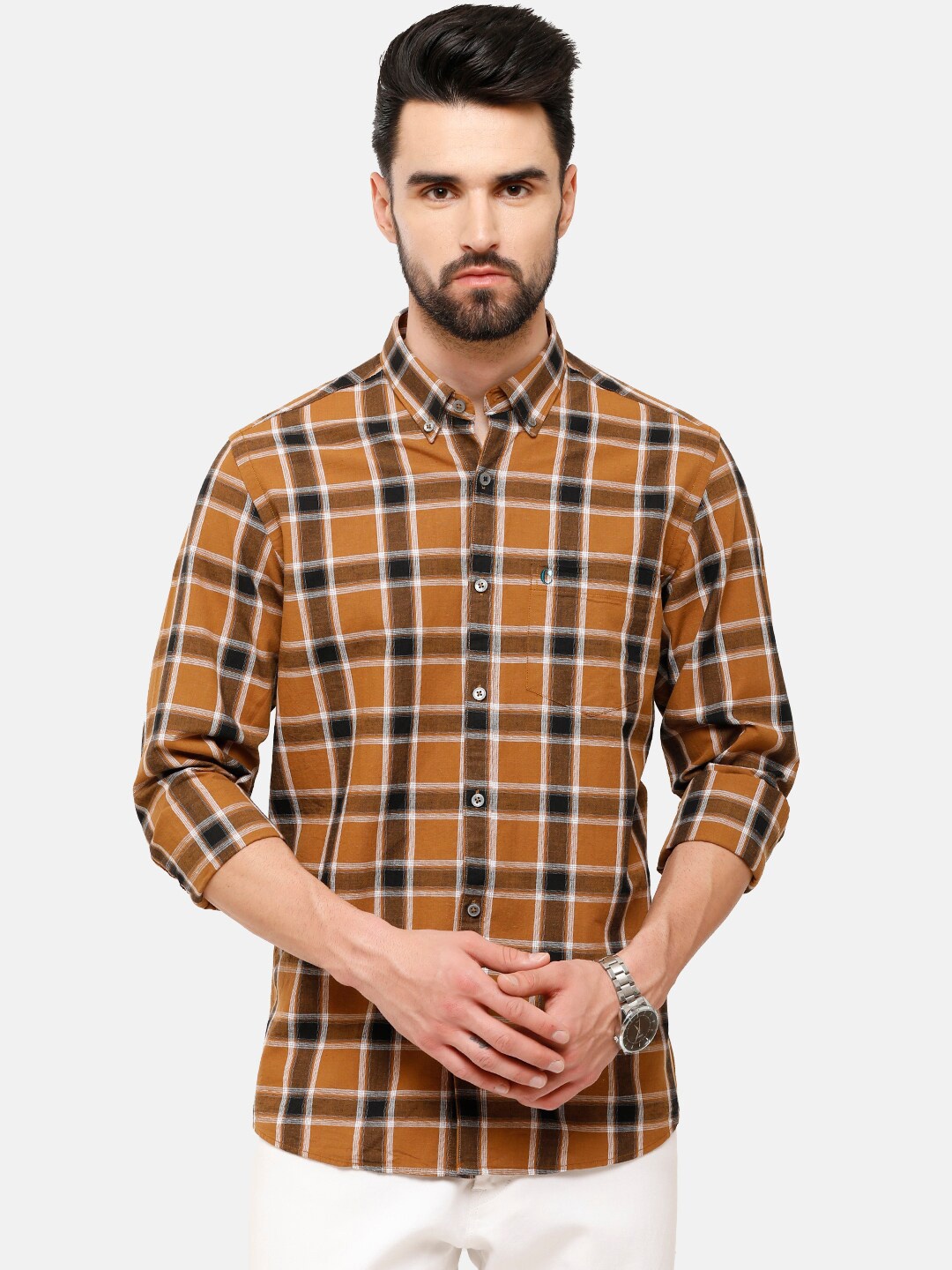 

CAVALLO by Linen Club Men Brown Checked Regular Fit Linen Cotton Casual Shirt