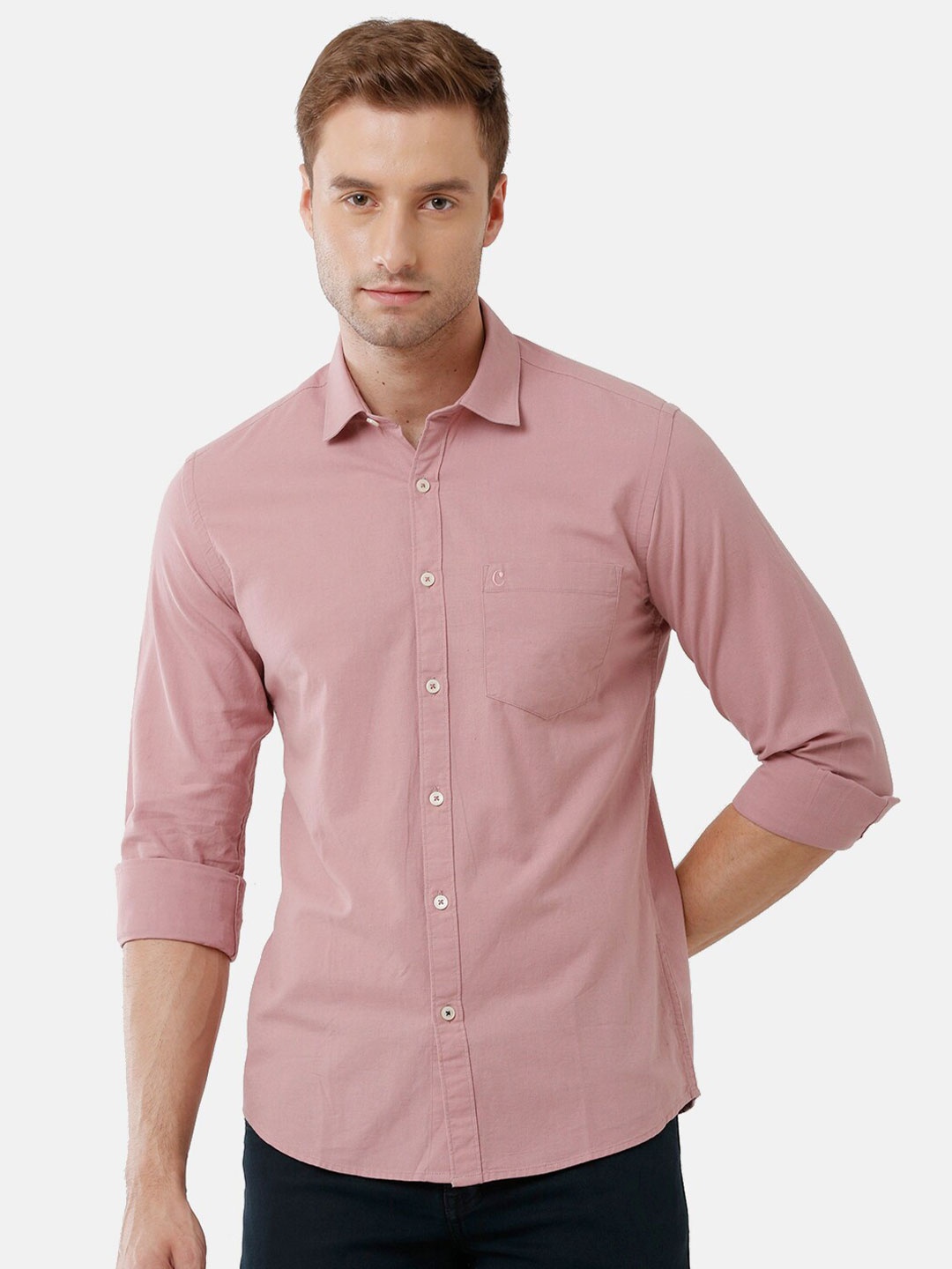 

CAVALLO by Linen Club Men Pink Regular Fit Solid Cotton-Linen Casual Shirt