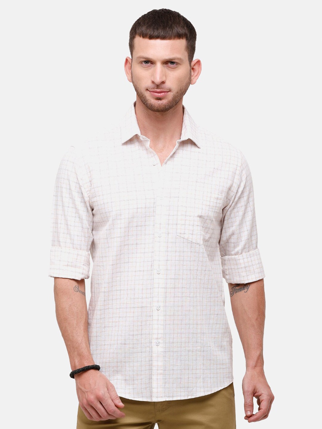 

CAVALLO by Linen Club Men White Grid Tattersall Checked Cotton-Linen Casual Shirt