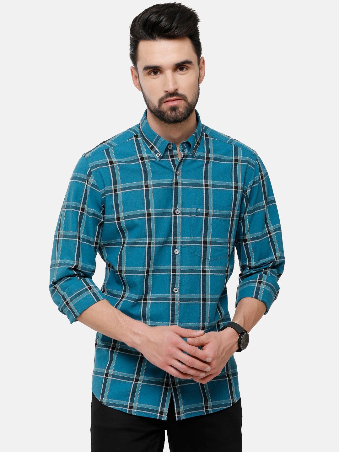 

CAVALLO by Linen Club Men Blue Tartan Checked Cotton-Linen Casual Shirt