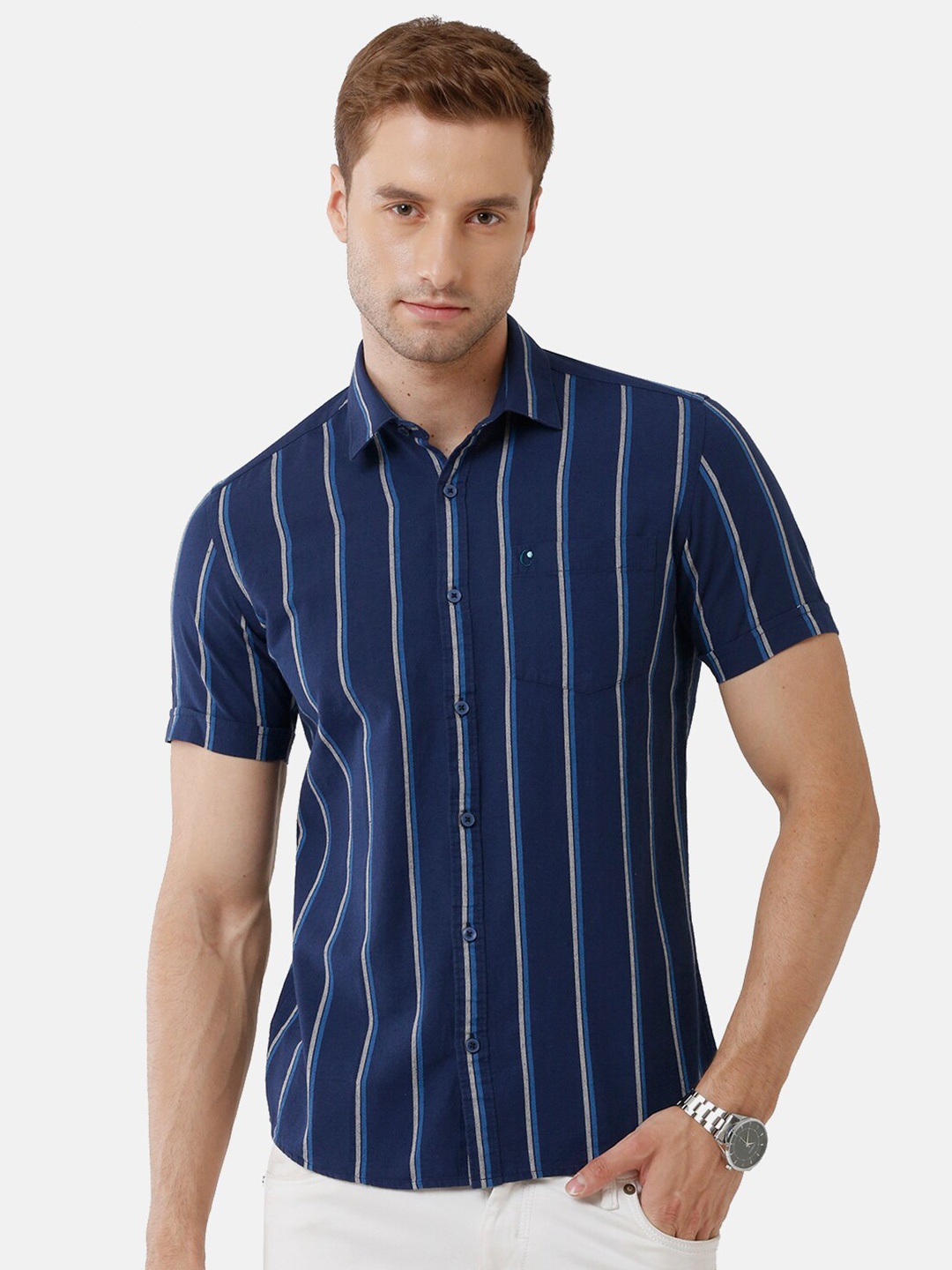 

CAVALLO by Linen Club Men Blue Striped Cotton Linen Cotton Casual Shirt