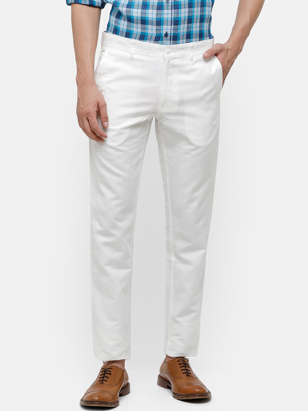 

Linen Club Men White Solid Slim Fit Linen Trousers