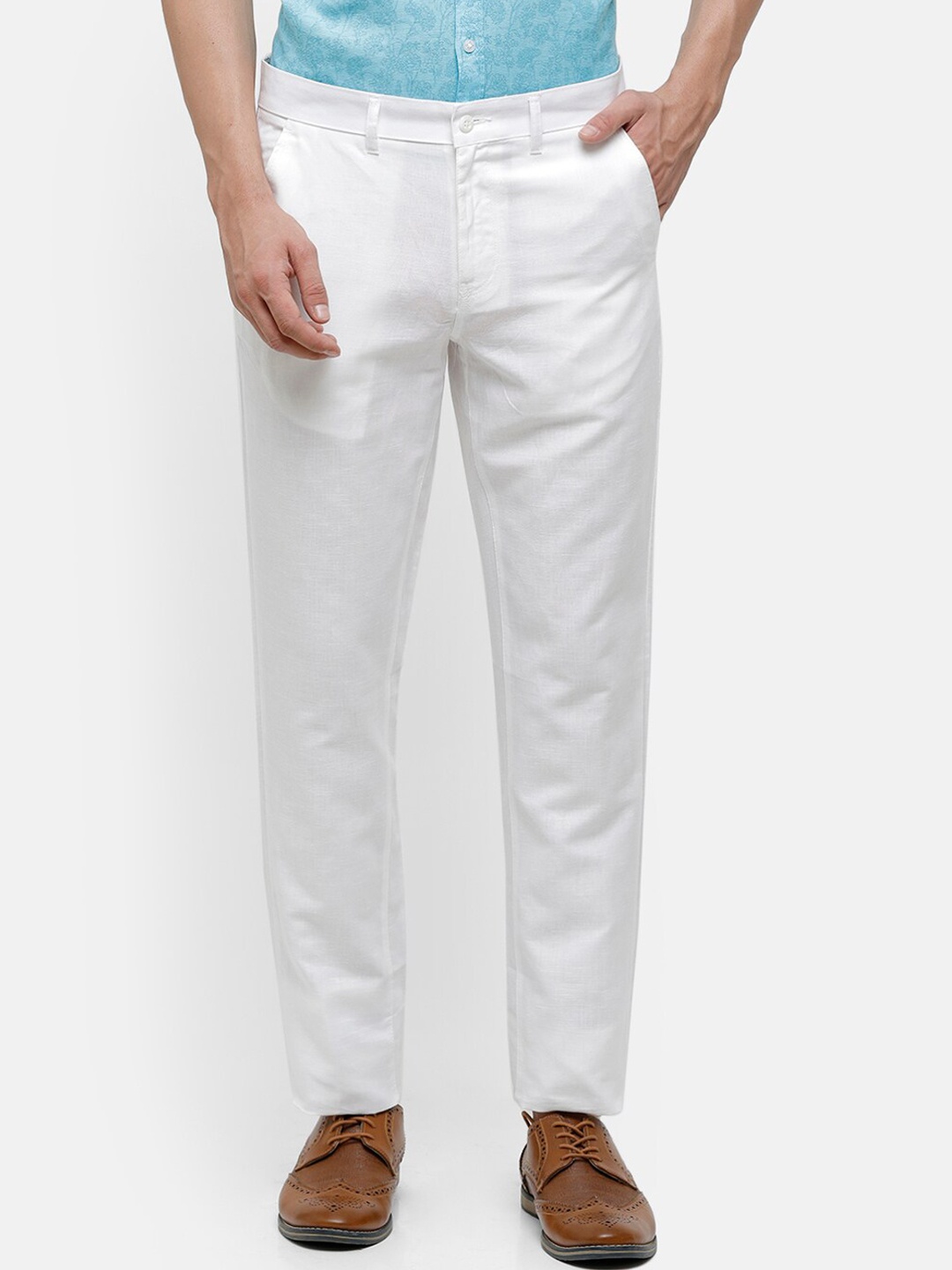 

Linen Club Men White Slim Fit Linen Trousers