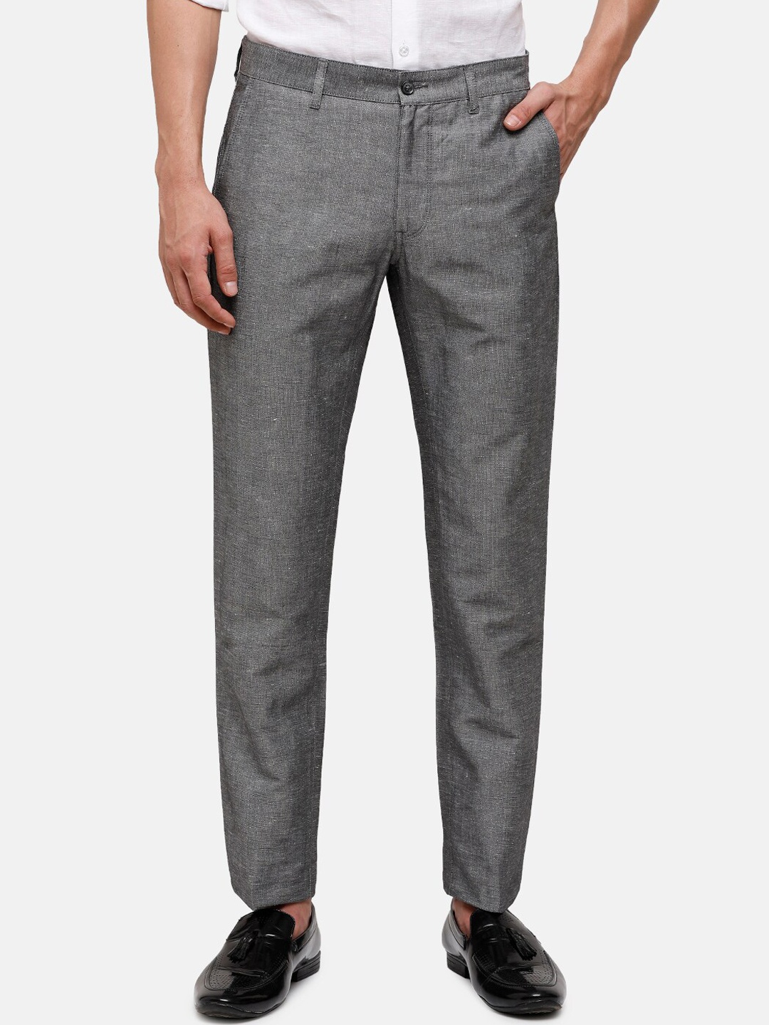 

Linen Club Men Grey Slim Fit Pure Linen Trousers