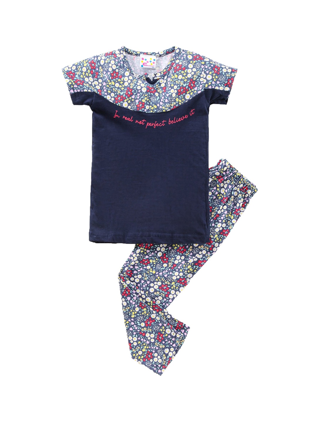 

Eimoie Girls Navy Blue & Multicoloured Colourblocked Night suit