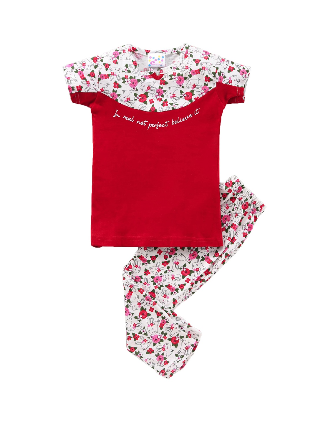 

Eimoie Girls White & Red Colourblocked Night suit