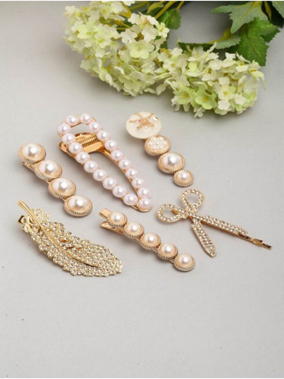 

ANNA CREATIONS Women White & Gold-Toned Set of 6 Hair Accessory Set