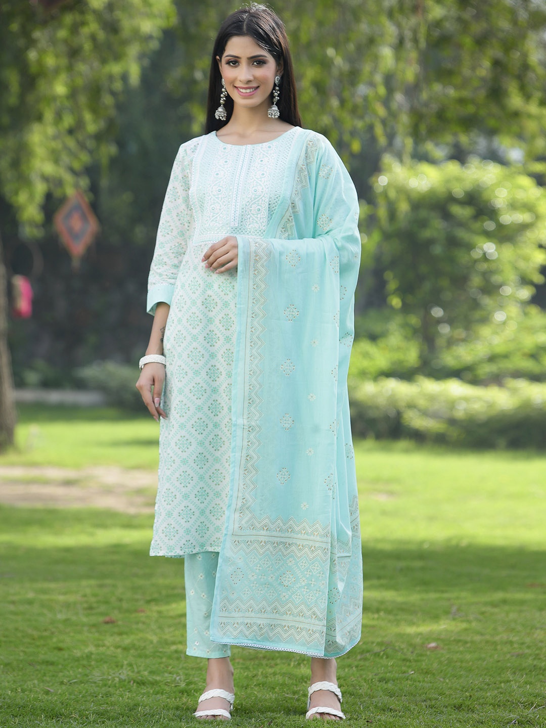 

Juniper Women Blue Ethnic Motifs Printed Kurta with Trousers & With Dupatta