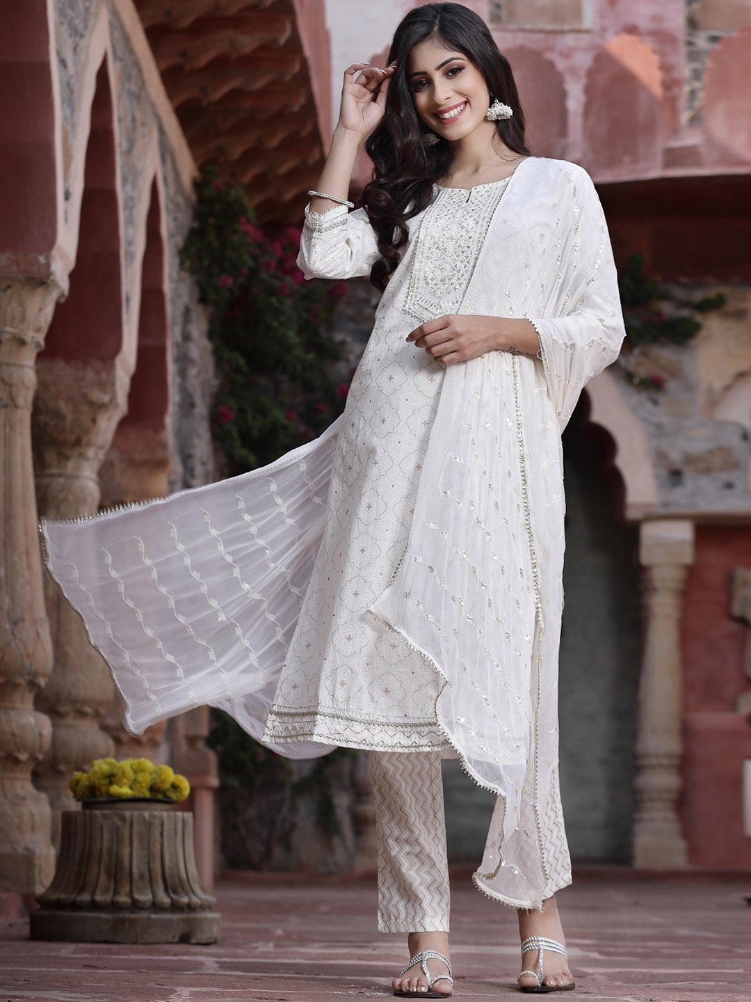 

Juniper Women Off White Sequinned Embroidered Straight Kurta with Trousers & With Dupatta