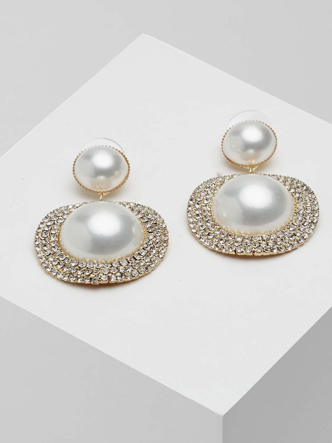 

Wild & Free Gold-Toned & White Crystals and Pearls Studded Classic Drop Earrings
