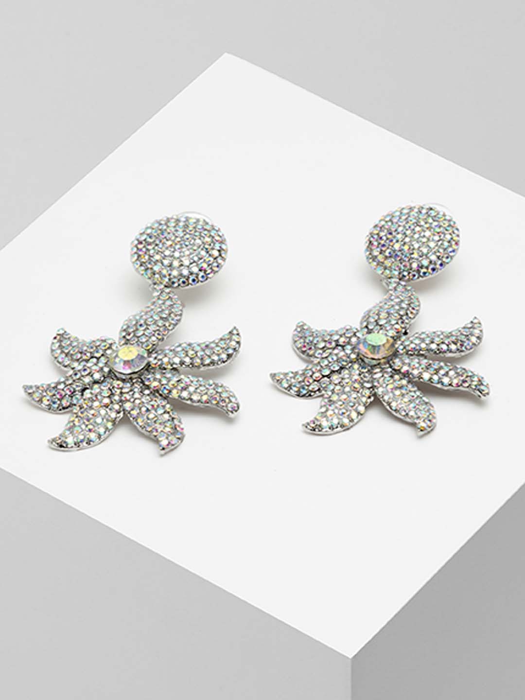 

Wild & Free Silver-Toned & White Rhodium-Plated Crystals Contemporary Drop Earrings