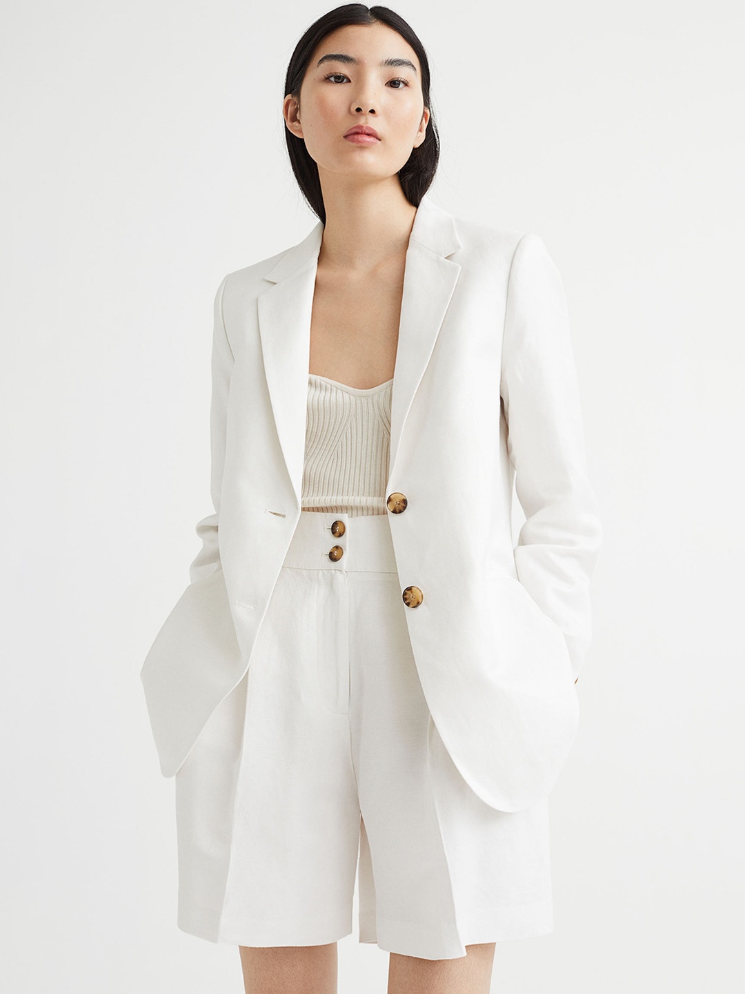 

H&M Women White Solid Single-Breasted Casual Blazer