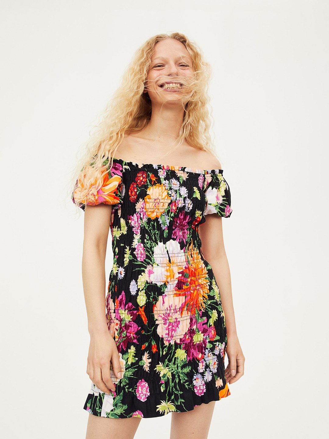 

H&M Black Smocked Off-The-Shoulder Dress