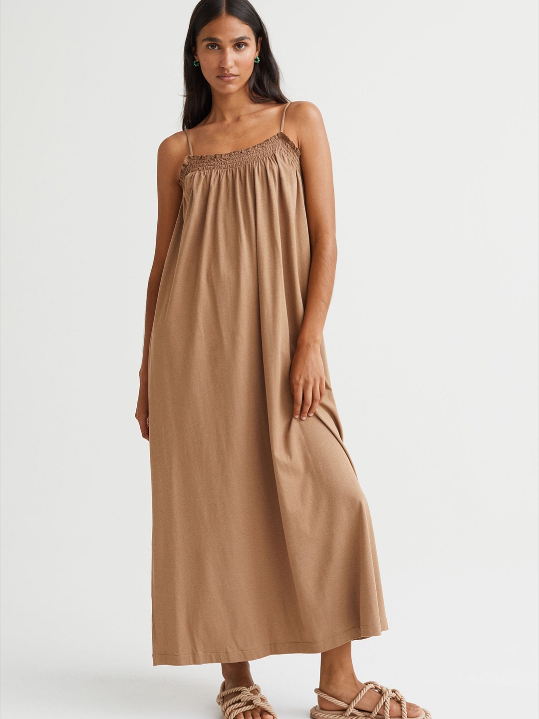 

H&M Women Beige Solid Shoulder Straps Maxi Modal-Blend Dress