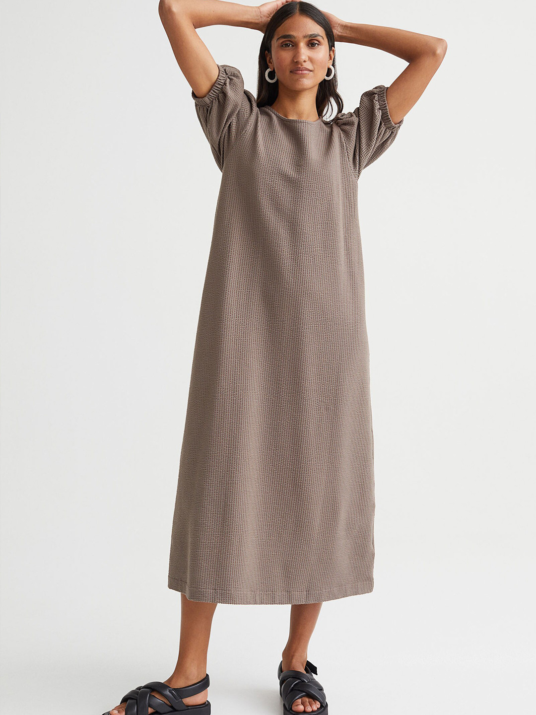 

H&M Women Beige Waffled Jersey Dress