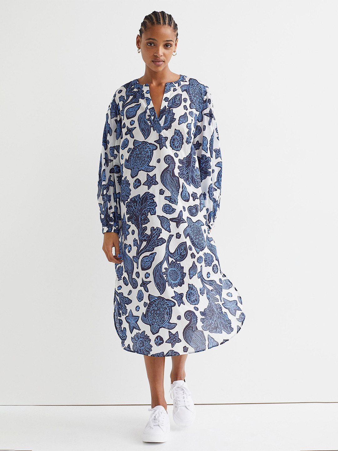 

H&M Women Blue & White Printed Cotton Tie-Belt Dress