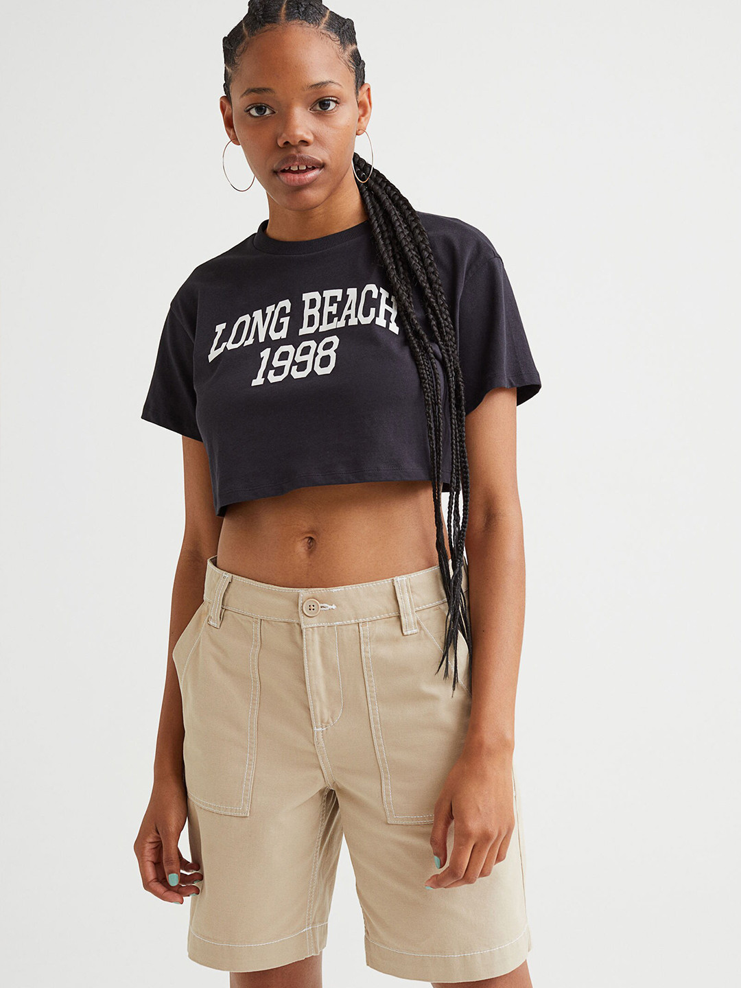 

H&M Women Black Cropped Printed Cotton T-shirt