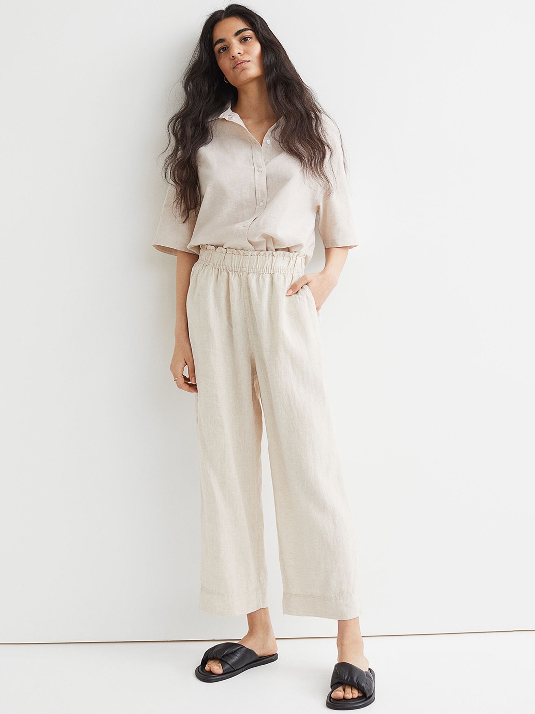 

H&M Women Beige Ankle-Length Linen Trousers