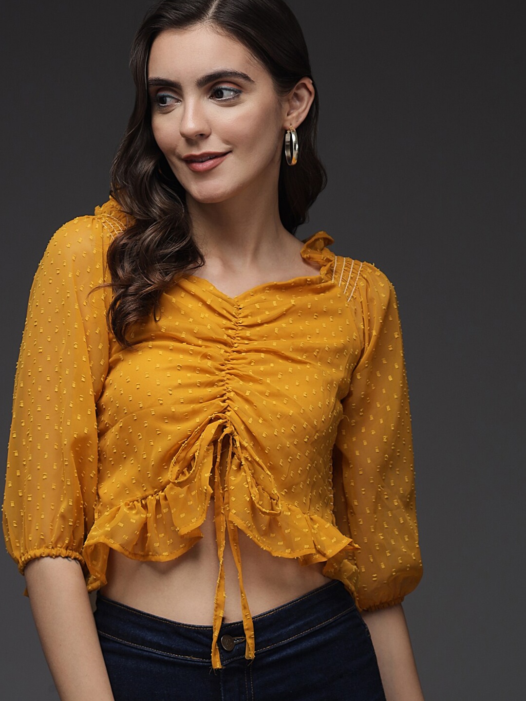 

Darzi Women Yellow Self Design Georgette Crop Top