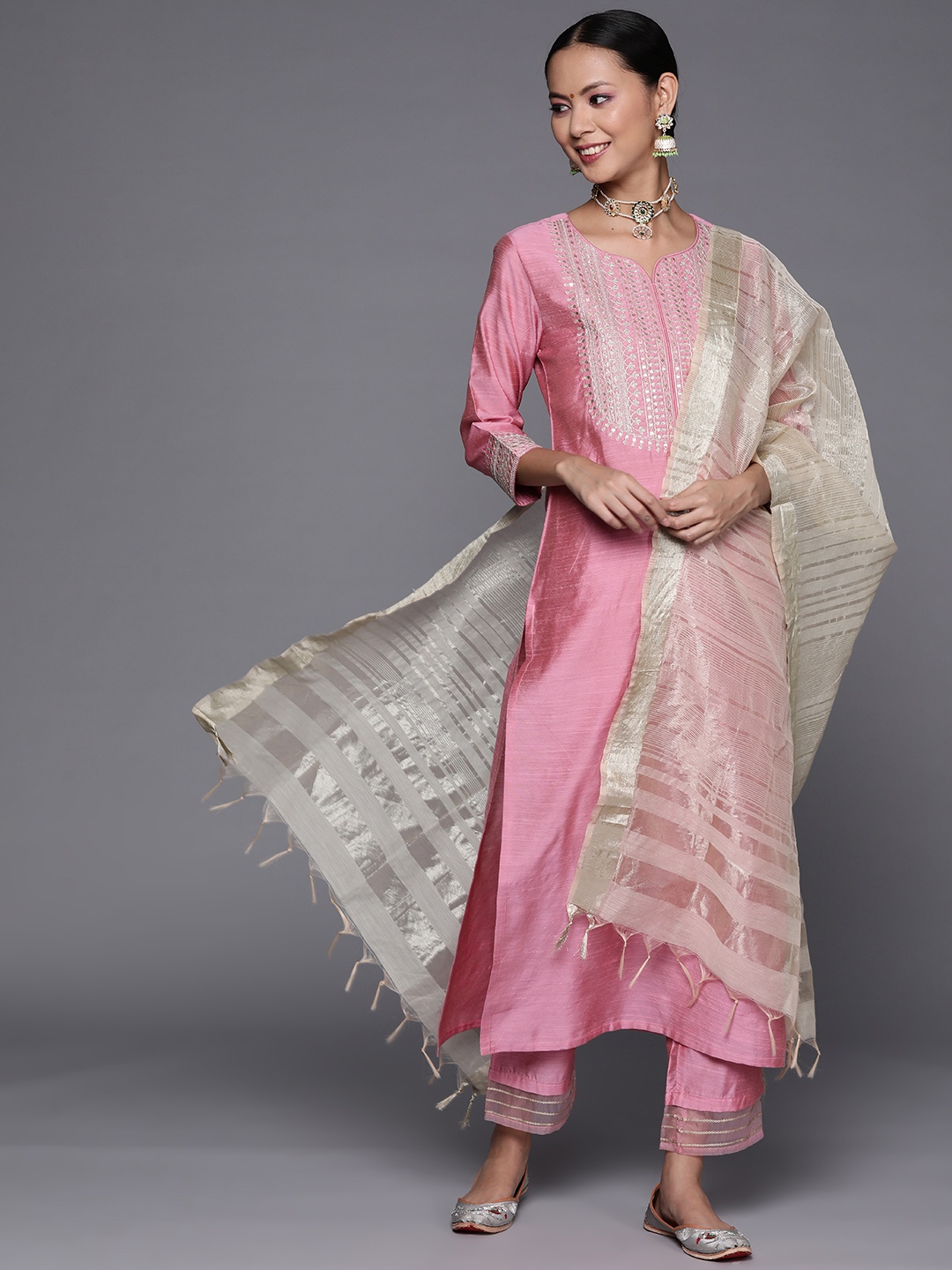 

Varanga Women Pink Ethnic Motifs Embroidered Sequinned Kurta with Trousers & Dupatta