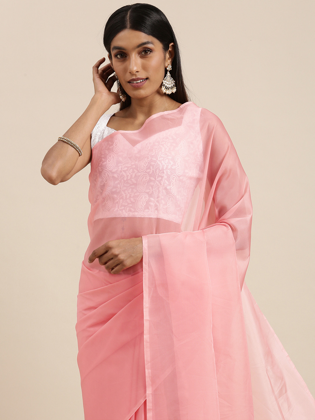 

Mitera Pink Solid Organza Saree