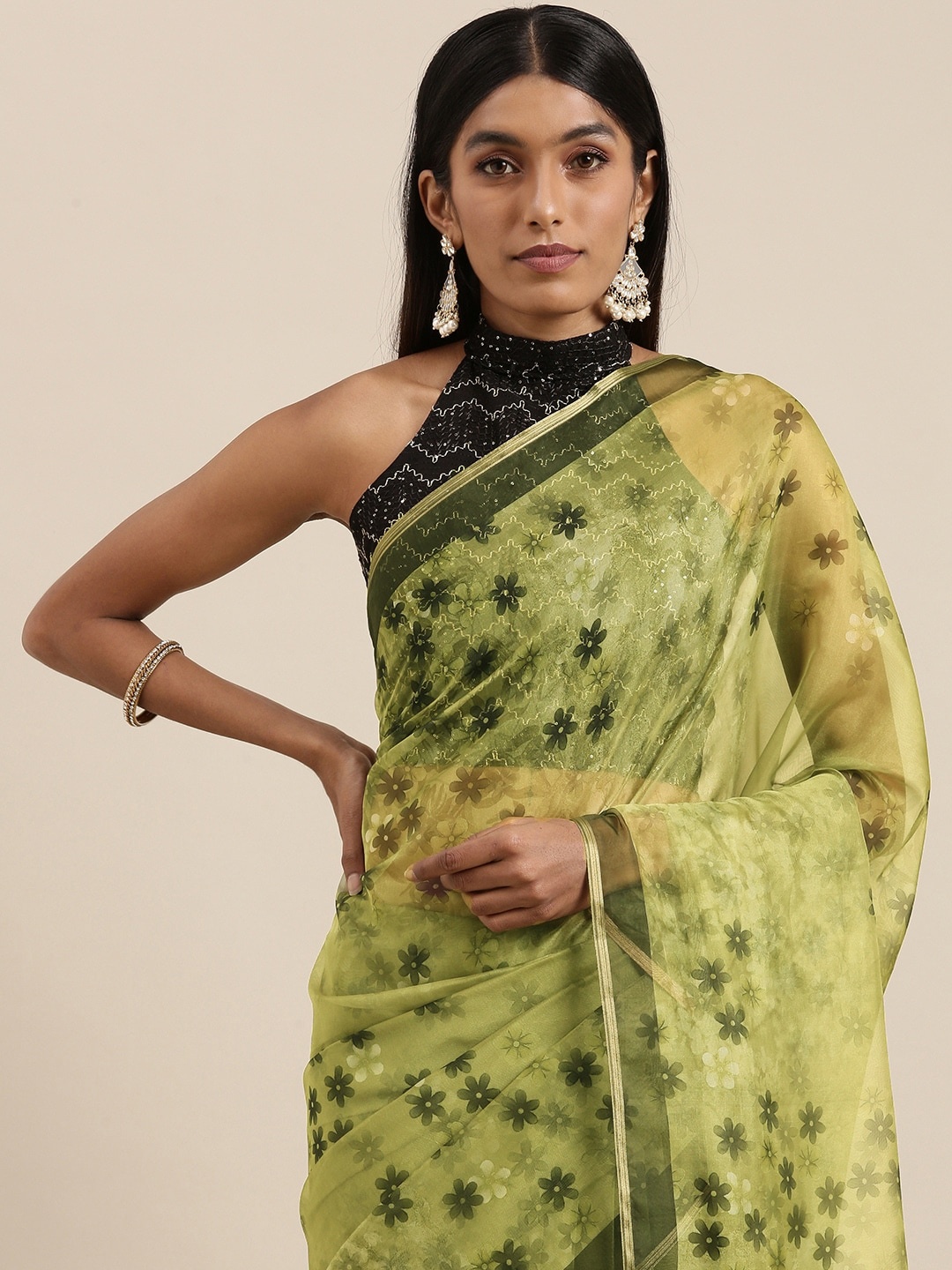 

Mitera Olive Green Floral Print Organza Saree