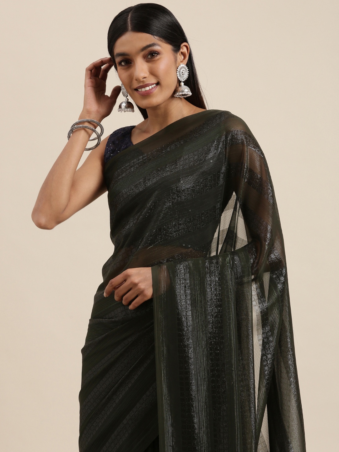 

Mitera Olive Green Self Striped Saree