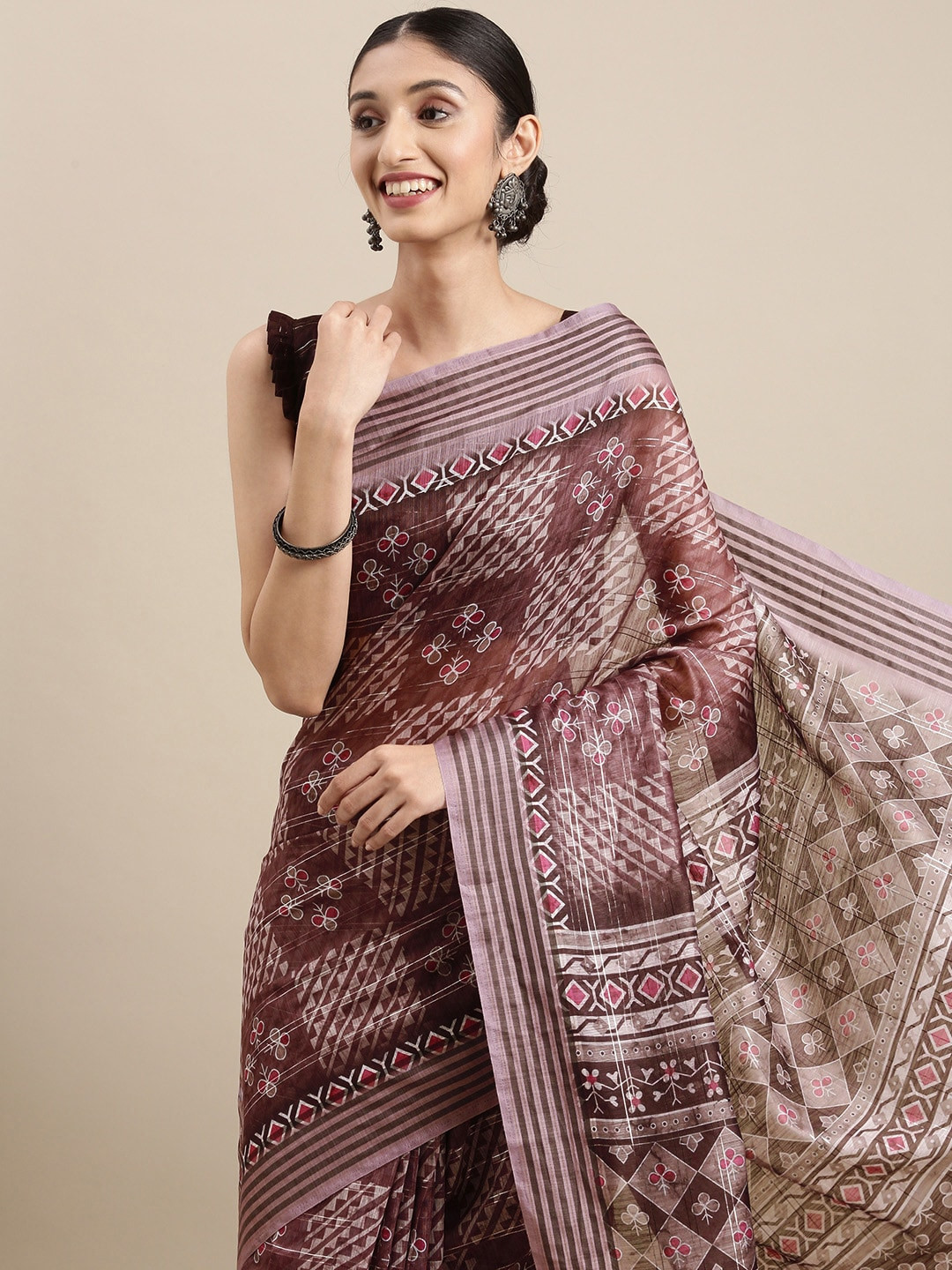 

Mitera Mauve Geometric Print Silk Blend Saree