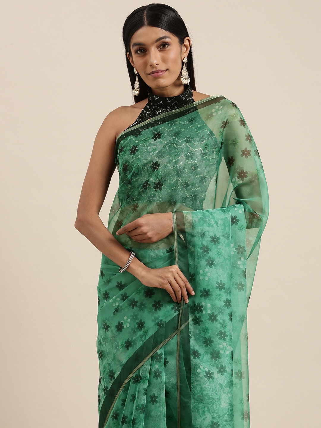

Mitera Green Floral Print Organza Saree