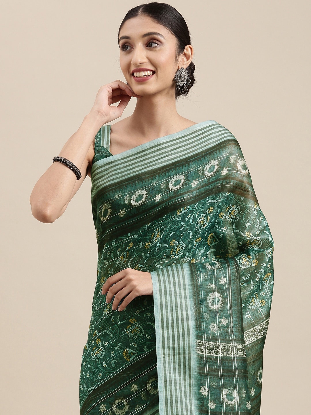 

Mitera Teal Green & White Floral Print Silk Blend Saree