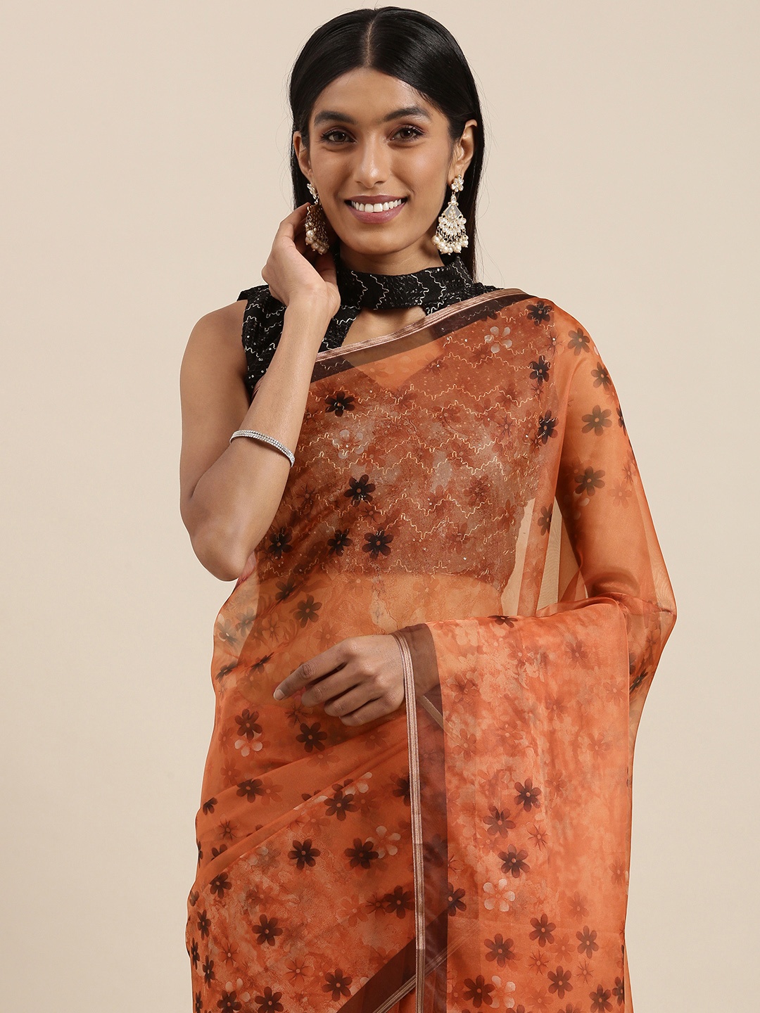 

Mitera Rust Orange & Black Floral Print Organza Saree