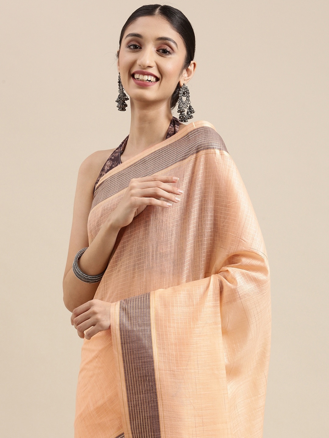 

Mitera Peach-Coloured & Grey Cotton Silk Cotton Saree