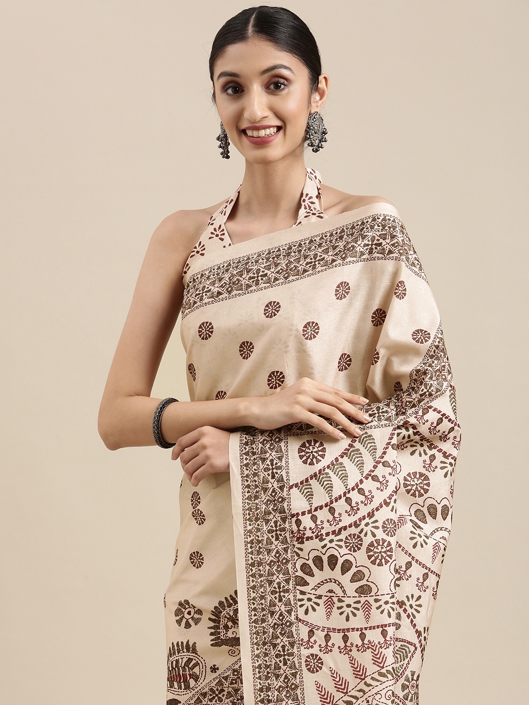 

Mitera Cream-Coloured & Purple Ethnic Motifs Manipuri Silk Bagru Saree