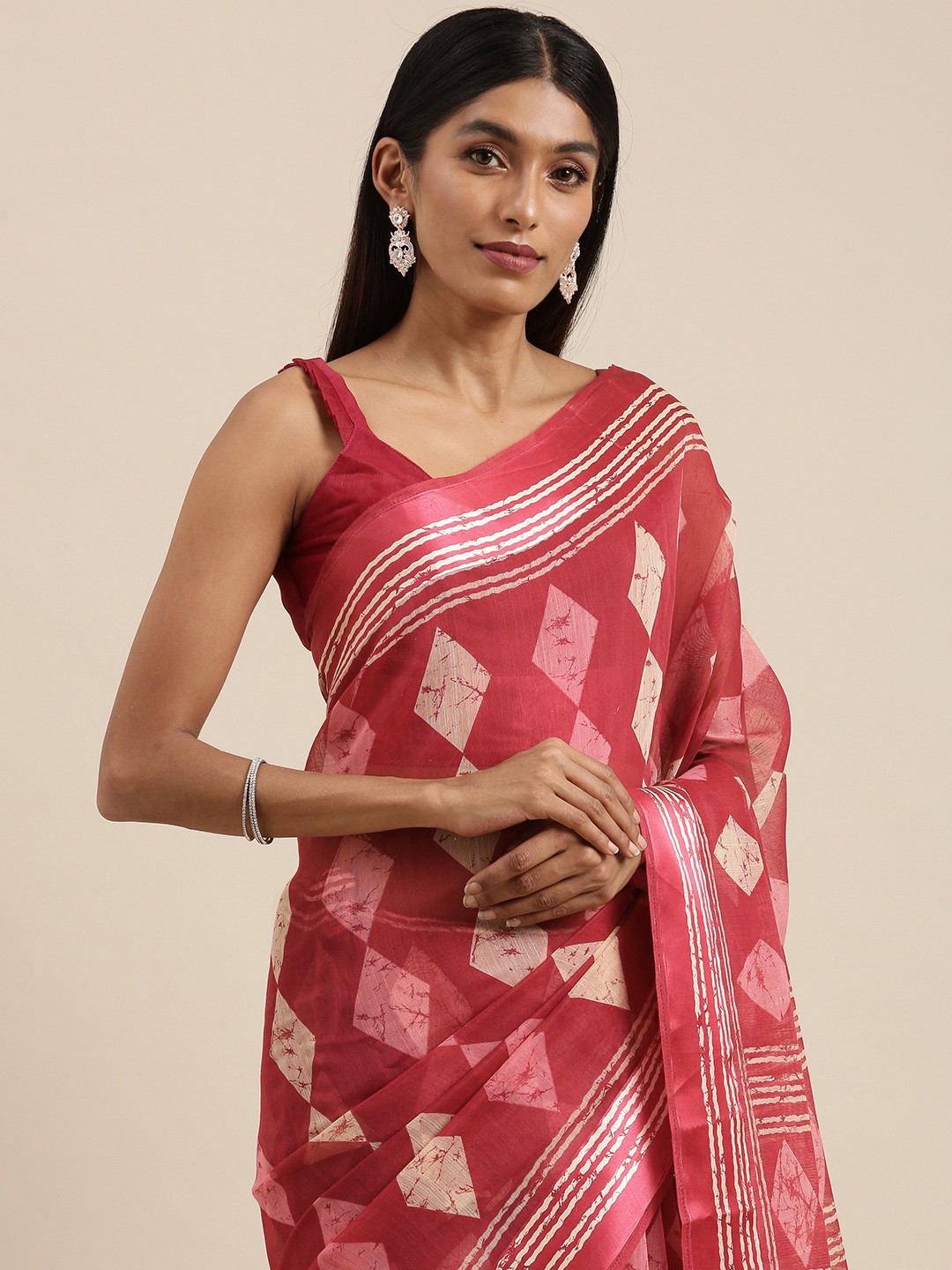 

Mitera Pink & White Ikat Geometric Print Saree