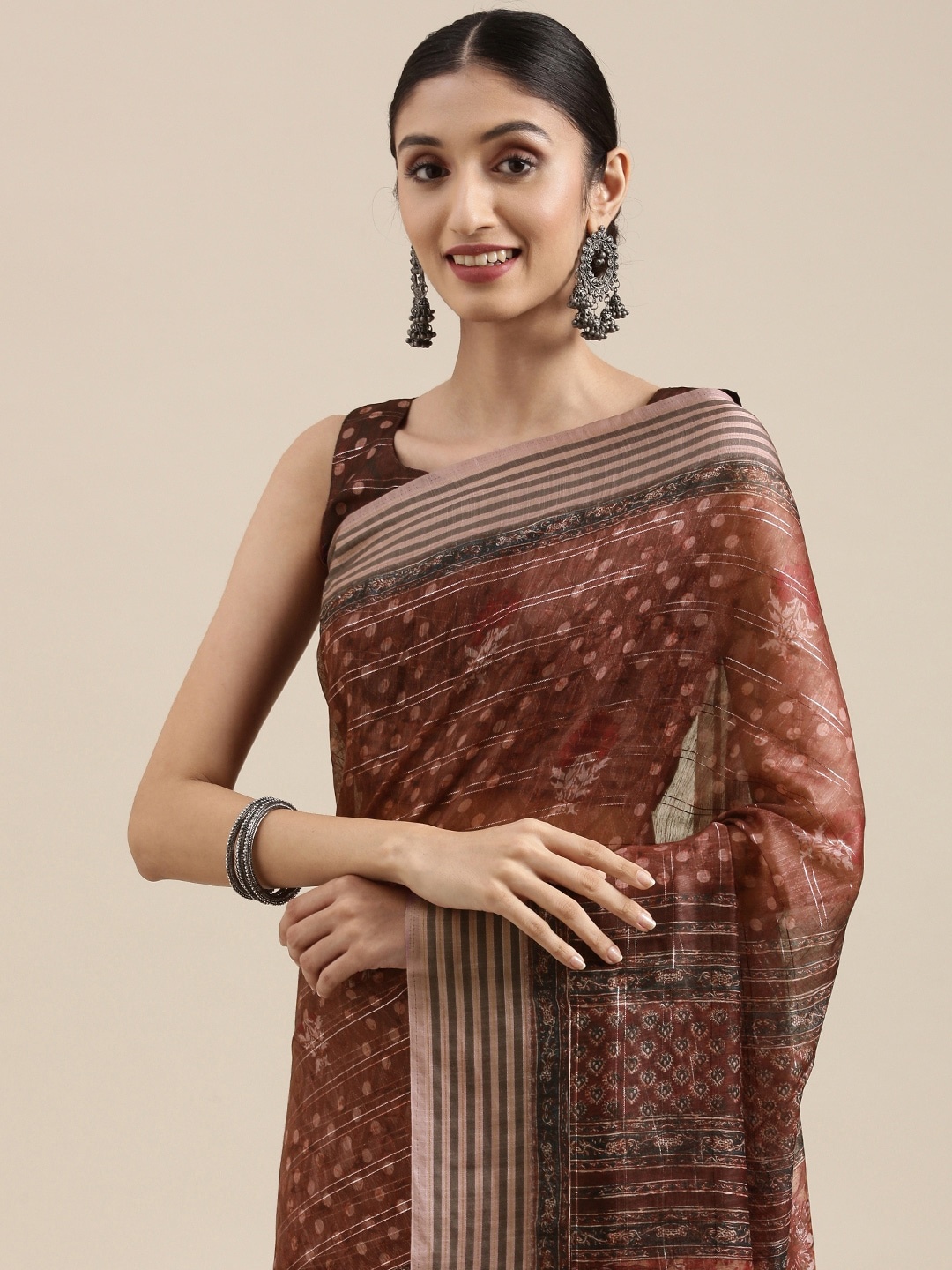 

Mitera Rust Red Ethnic Motifs Print Silk Blend Saree