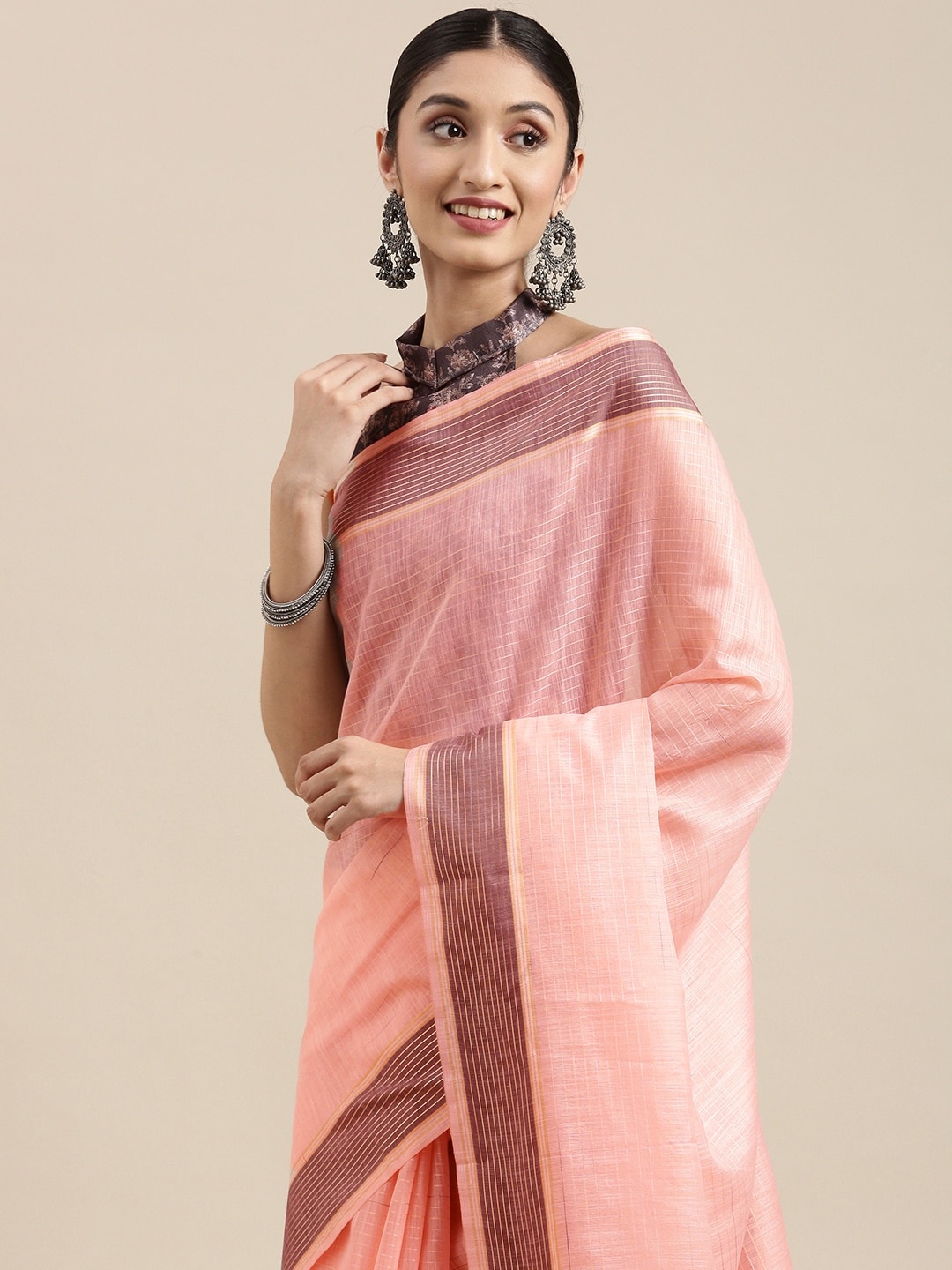 

Mitera Pink Checked Silk Cotton Saree