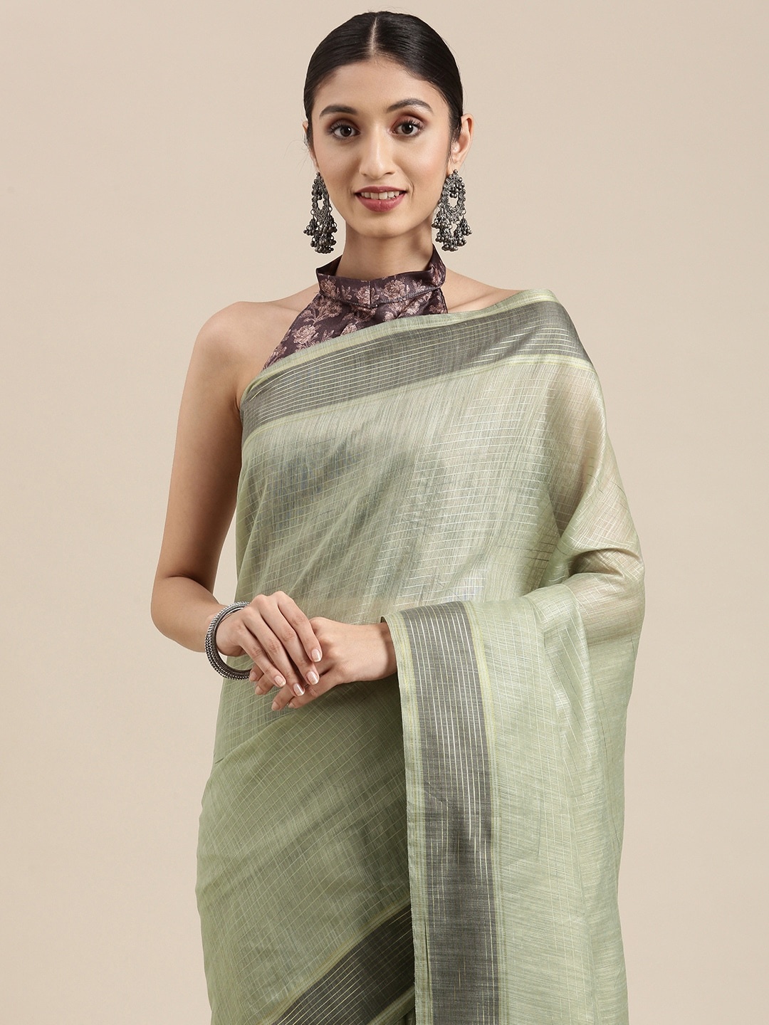 

Mitera Olive Green Checked Silk Cotton Saree