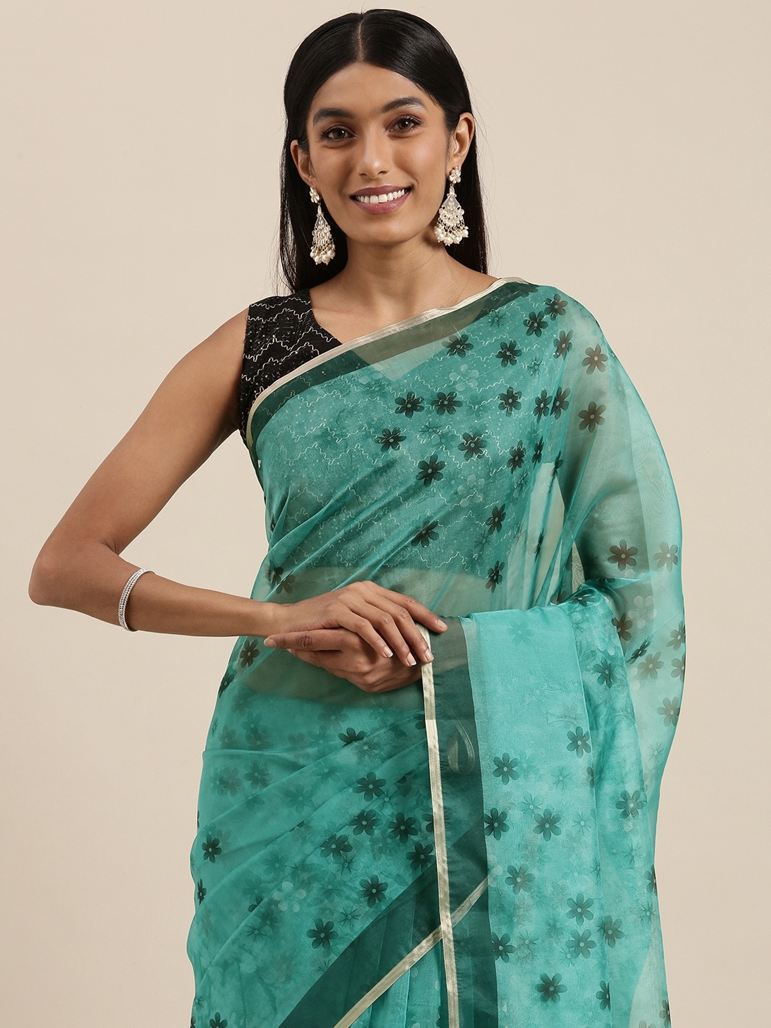 

Mitera Teal Green Floral Print Organza Saree