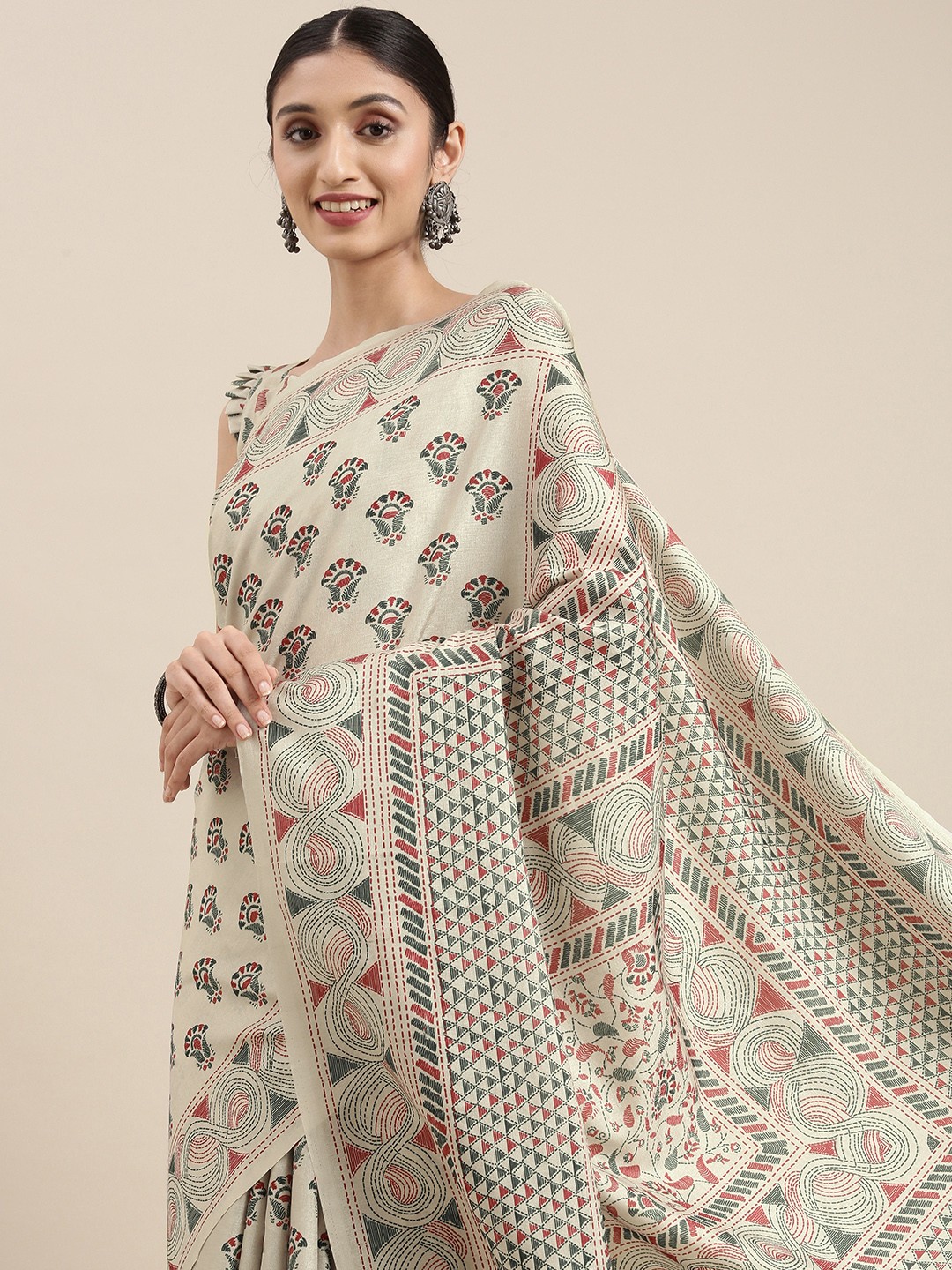 

Mitera Olive Green & Pink Floral Manipuri Silk Bagru Saree